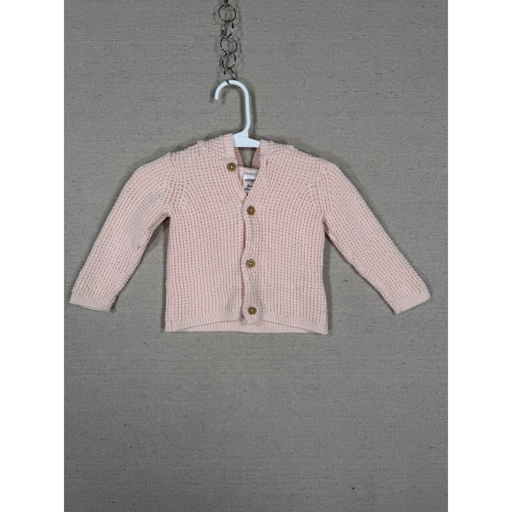 Carters Baby Girl 9M Pink Hooded Cardigan Waffle Knit Cotton Sweater 1P600310